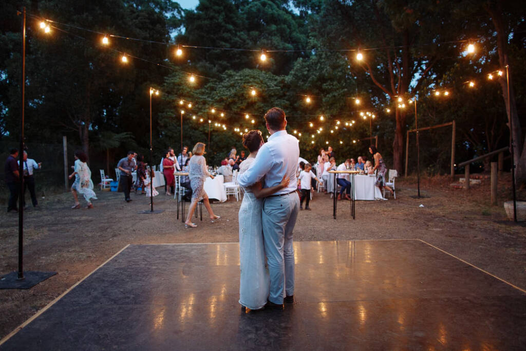 Sarah and Jye dance beneath the evening sky at Strathvea.