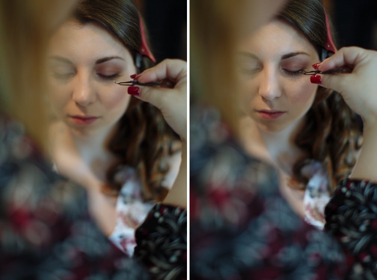 Two close frames of Shannon with eyes closed as false lashes are applied with tweezers.