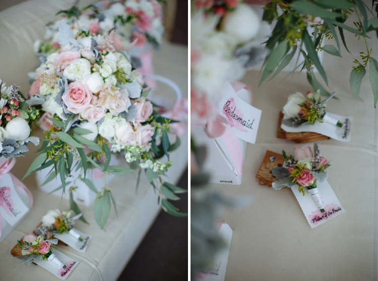 Two detail photos show pale rose bouquets and boutonnières with labelled cards.