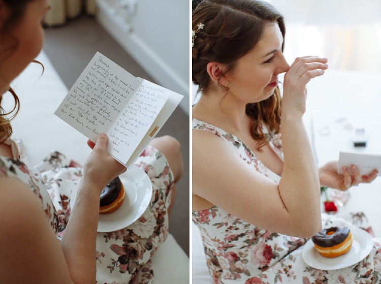 Two frames, the handwritten card over Shannon's shoulder and Shannon wiping a tear as she reads it.