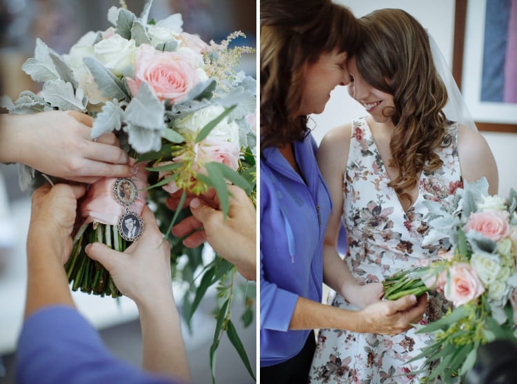 Two frames, photo lockets tied to the bouquet and a woman in lilac forehead to forehead with Shannon.