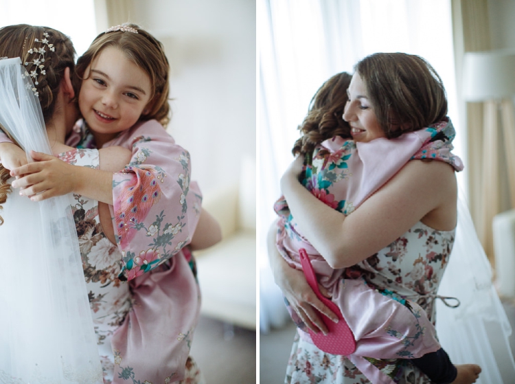 Two photos show Shannon hugging a child in a pink floral robe.