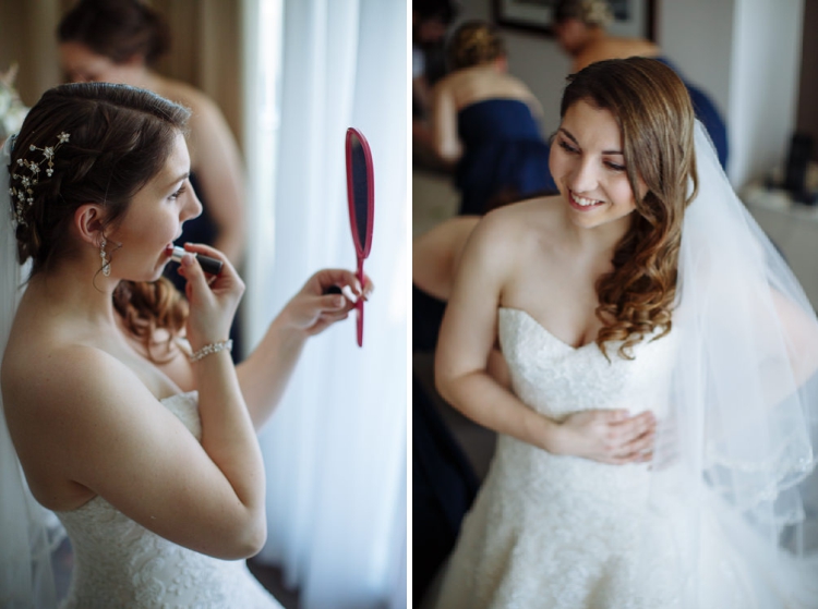 Two frames, Shannon applying lipstick in a red hand mirror and smiling down in her gown and veil.