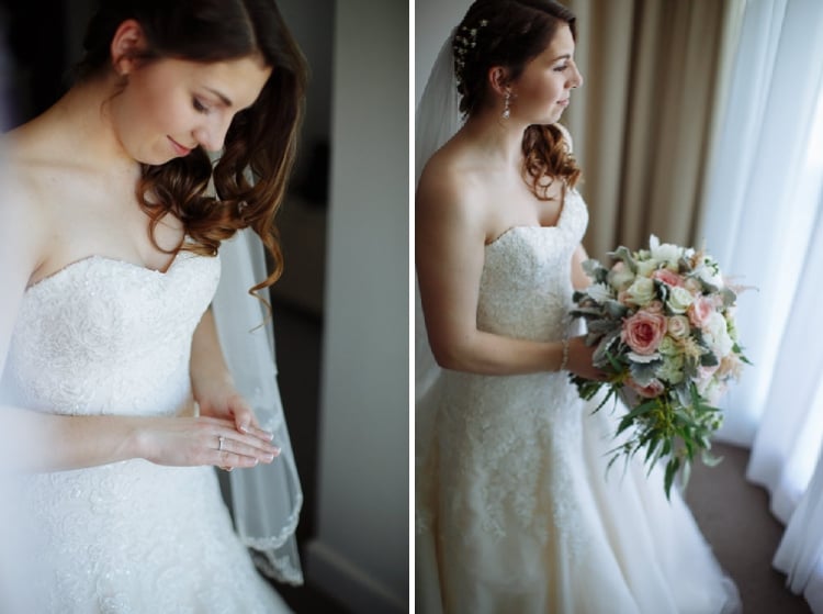 Two frames, Shannon looking down at her hands in the lace gown and in profile with her bouquet.