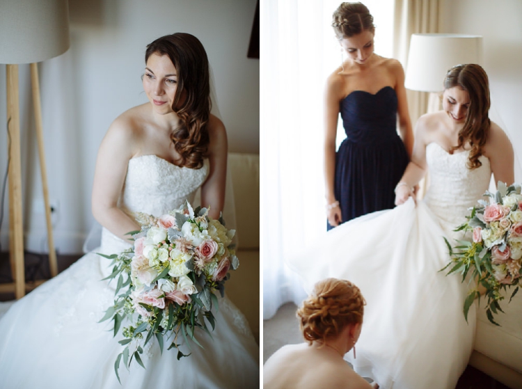 Two photos show Shannon seated with her bouquet and bridesmaids helping arrange her skirt.