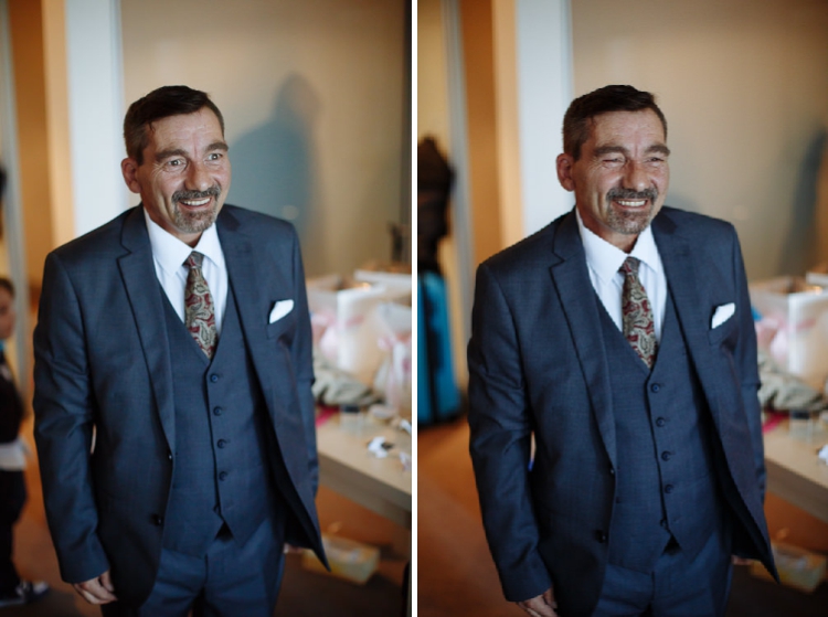 Two frames of the man with the moustache in a grey three piece suit and paisley tie laughing.