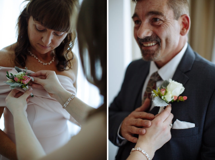 Two frames, a rose corsage pinned to a blush dress and a boutonniere pinned to a grey lapel.