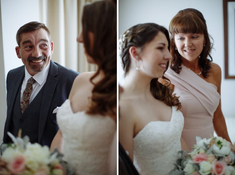 Two frames, the man with the moustache smiling across at Shannon and a woman in blush behind her.
