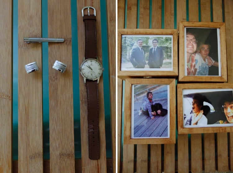 Two frames, a tie bar, cufflinks and a leather strapped watch on timber slats, then four framed snapshots.