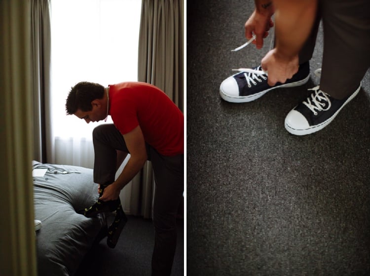 Two photos show Luke pulling on a patterned sock and tying black canvas trainers.