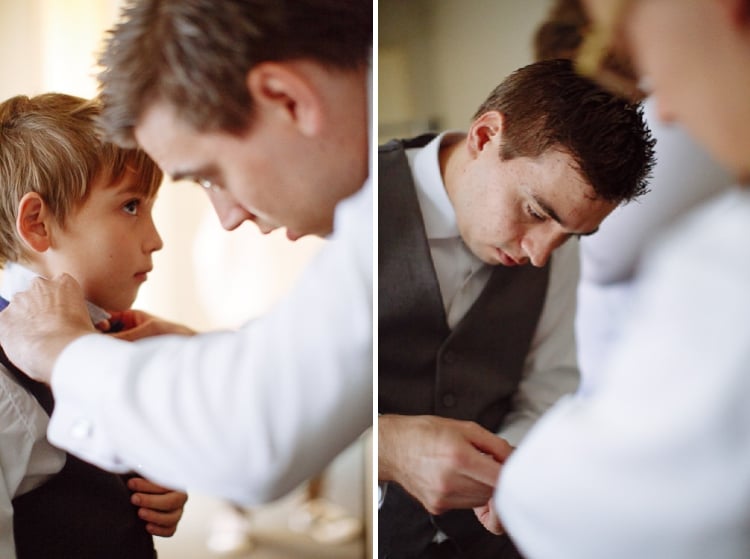 Two photos show Luke adjusting a boy's bow tie and receiving help during his own preparations.
