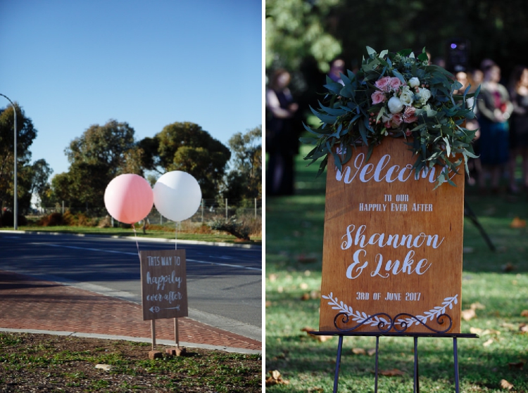 Two frames show balloon-marked directions and a floral wedding welcome sign at Sunnybrae Estate.