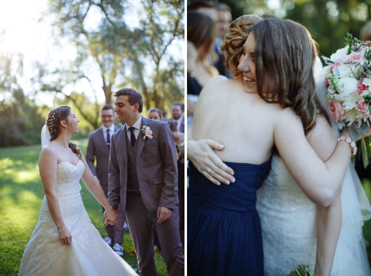 Two photos show Shannon and Luke walking on the lawn at Sunnybrae Estate and Shannon hugging a bridesmaid.