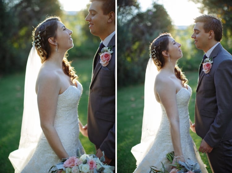 Two photos show Shannon and Luke smiling at each other, her veil backlit at Sunnybrae Estate.