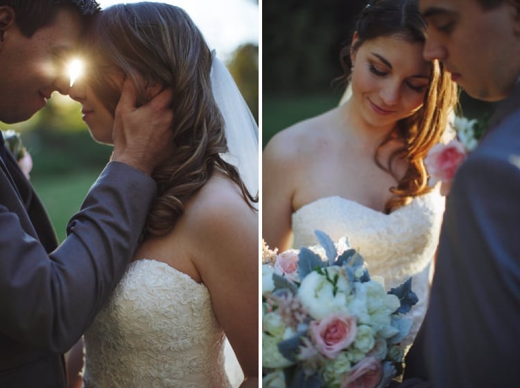 Two close portraits show Shannon and Luke touching foreheads and looking down at her bouquet.