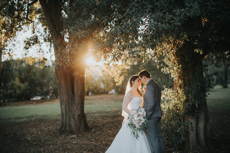 Shannon and Luke touch foreheads beneath sunlit trees at Sunnybrae Estate, Adelaide.