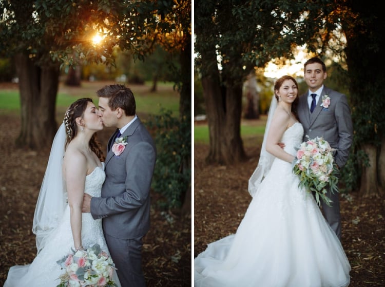 Two photos show Shannon and Luke kissing and posing beneath a tree at Sunnybrae.