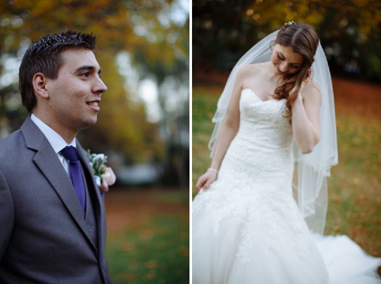Two frames, Luke in profile in his grey suit and purple tie and Shannon touching her hair.