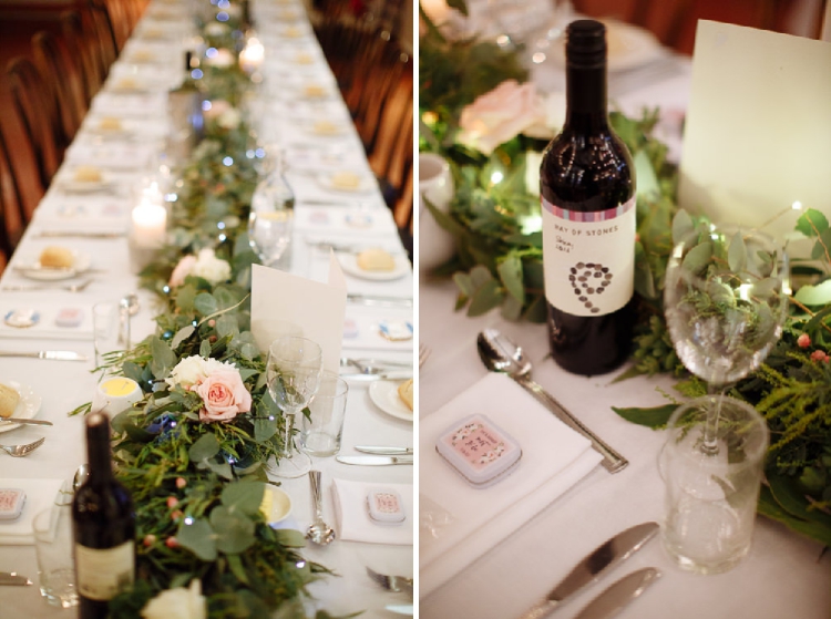Two photos show a floral table runner and a place setting with a favour at Sunnybrae.