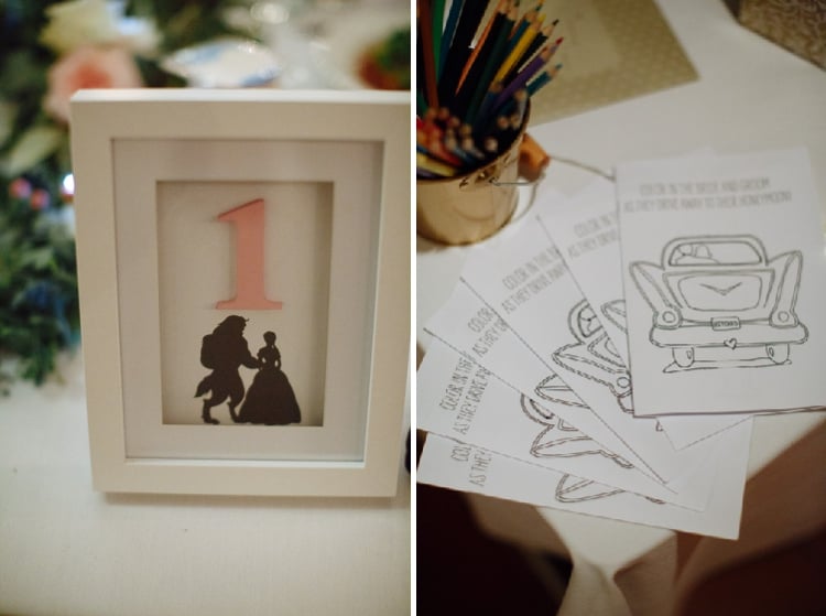 Two photos show a themed table number and children's colouring sheets with pencils at Sunnybrae Estate.