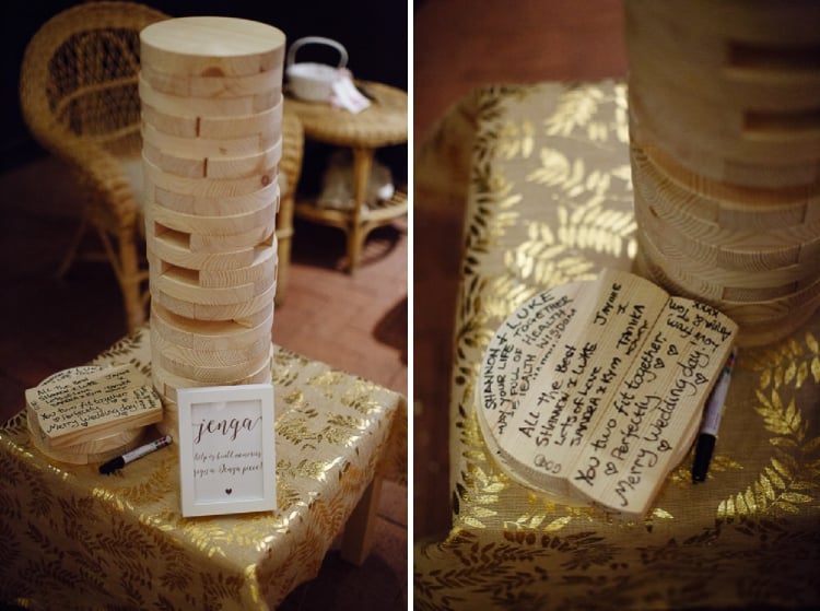 Two photos show a wooden stacking guestbook game and handwritten messages on its pieces at Sunnybrae Estate.