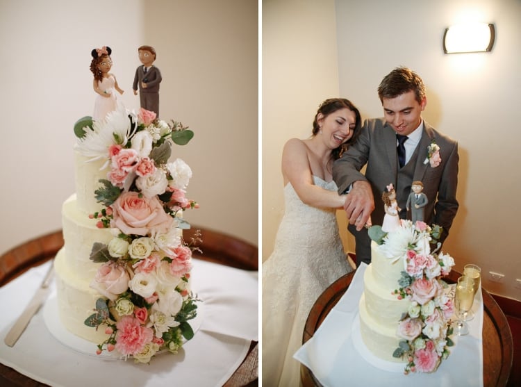 Two photos show the flower-decorated wedding cake and Shannon and Luke cutting it at Sunnybrae.