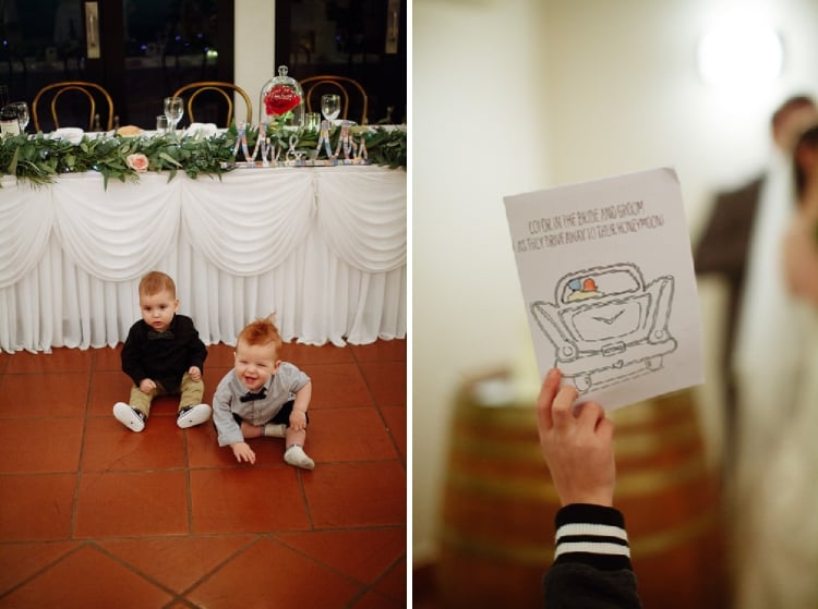 Two photos show children before the bridal table and a hand holding a colouring sheet at Sunnybrae Estate.