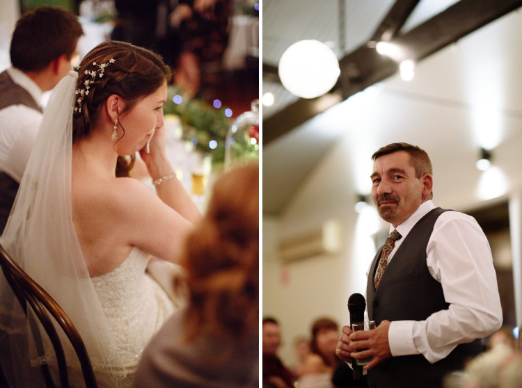 Two photos show Shannon touching a tissue to her eye and a man holding a microphone at Sunnybrae.