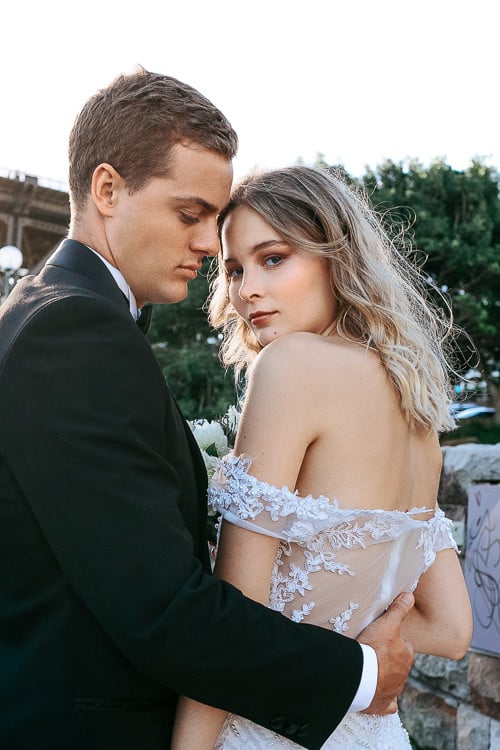 An over-the-shoulder look past the sheer applique back
