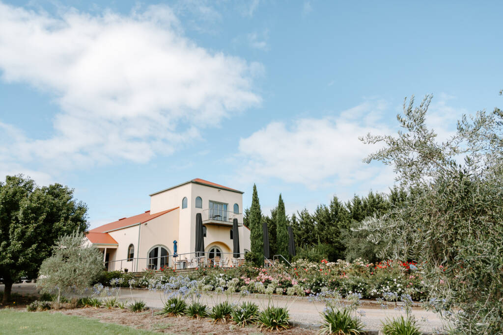Tokar Estate's cream winery building rises above olive trees and rose beds.