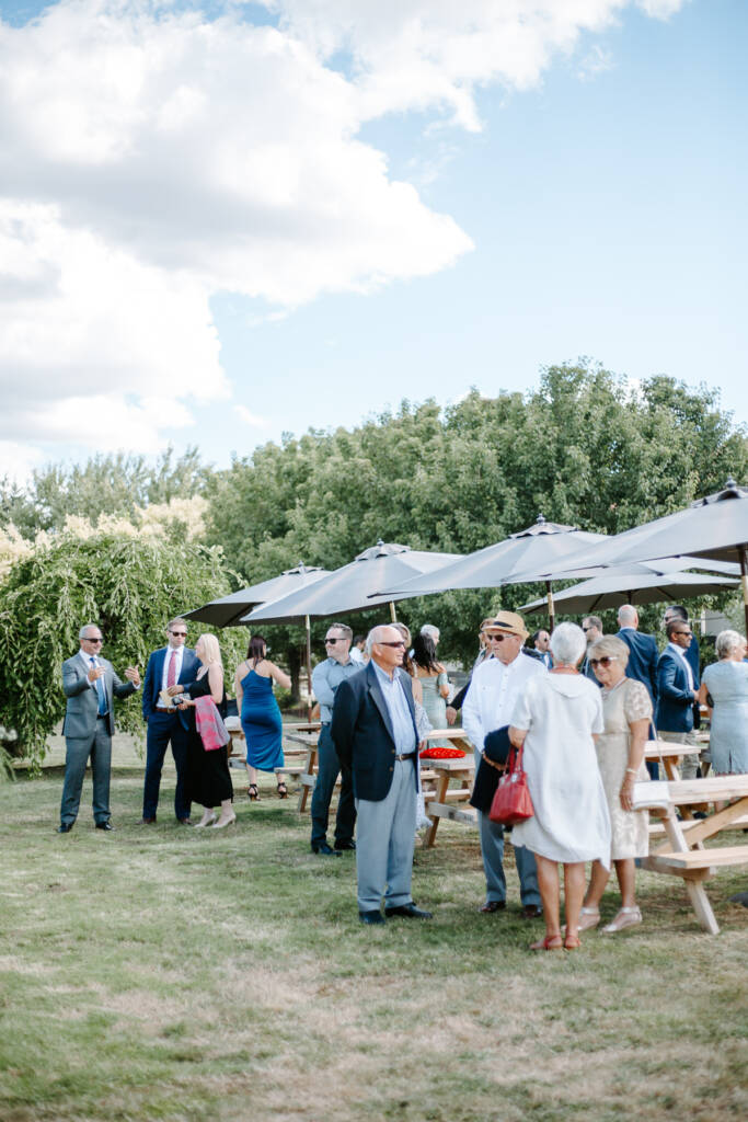Guests gather beneath umbrellas on Tokar Estate's lawn before the outdoor ceremony.
