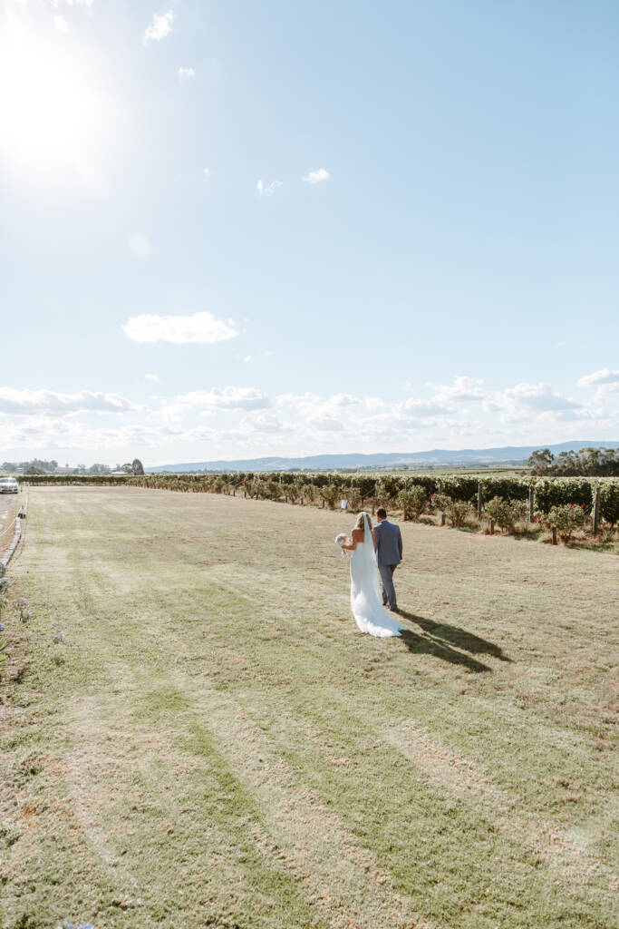 Danni and Jarrod cross Tokar Estate's broad lawn between rows of vines.