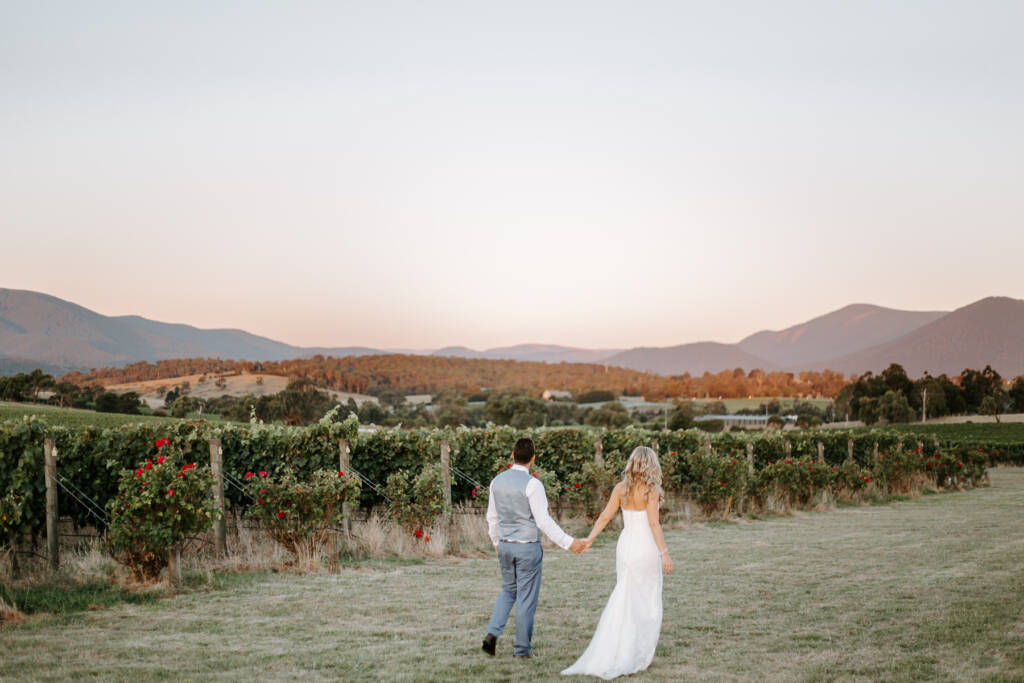 Danni and Jarrod walk towards the pink-lit ranges beside Tokar Estate Winery's vines.