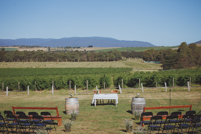Wine barrels and bench pews wait before the vines at Yering Farm