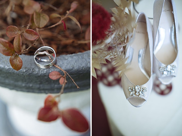 Two photos show stacked wedding rings on a planter and embellished open-toe bridal shoes