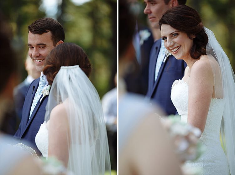 Two portraits show Heidi and Russell smiling and laughing during their wedding ceremony