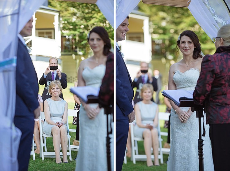 Two photos show a seated guest and Heidi beside Russell during the ceremony