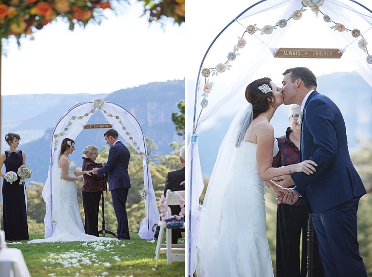 Two photos show Heidi and Russell holding hands and sharing their ceremony kiss at Yester Grange