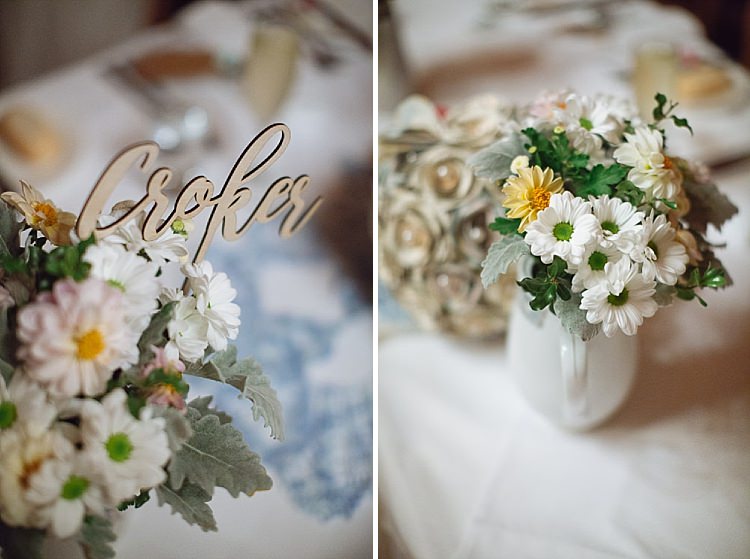 Two photos show a floral table display and daisies in a jug at Yester Grange