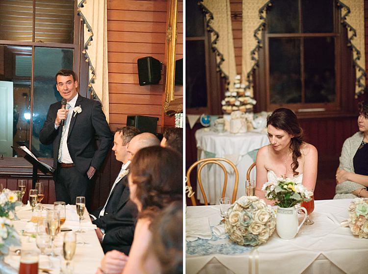 Two photos show Russell speaking and Heidi seated at their reception at Yester Grange Estate