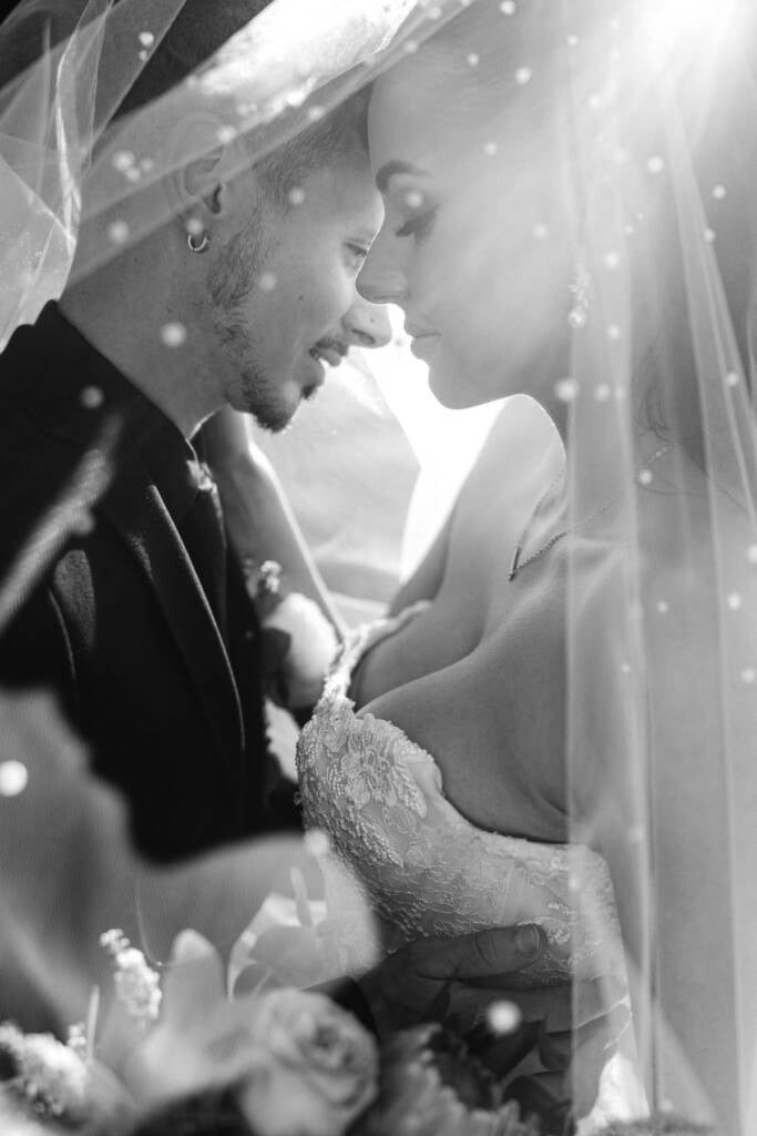 Under the veil, foreheads together, at Meadowbank Estate, Melbourne