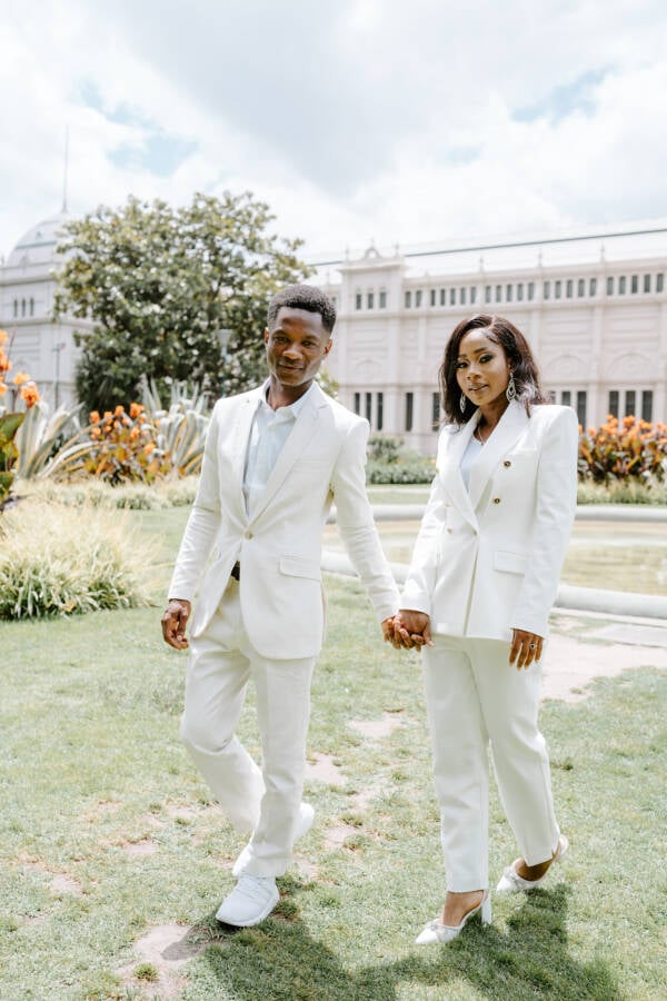 White suits, World Heritage Carlton Gardens Engagement Photos, Carlton