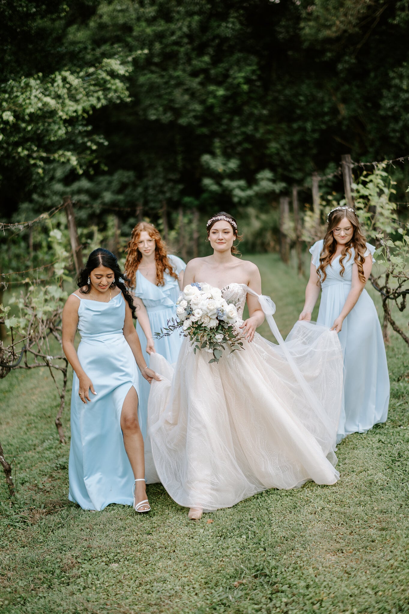 Jamie walks between rows of grapevines with her bridesmaids in powder blue carrying her train.